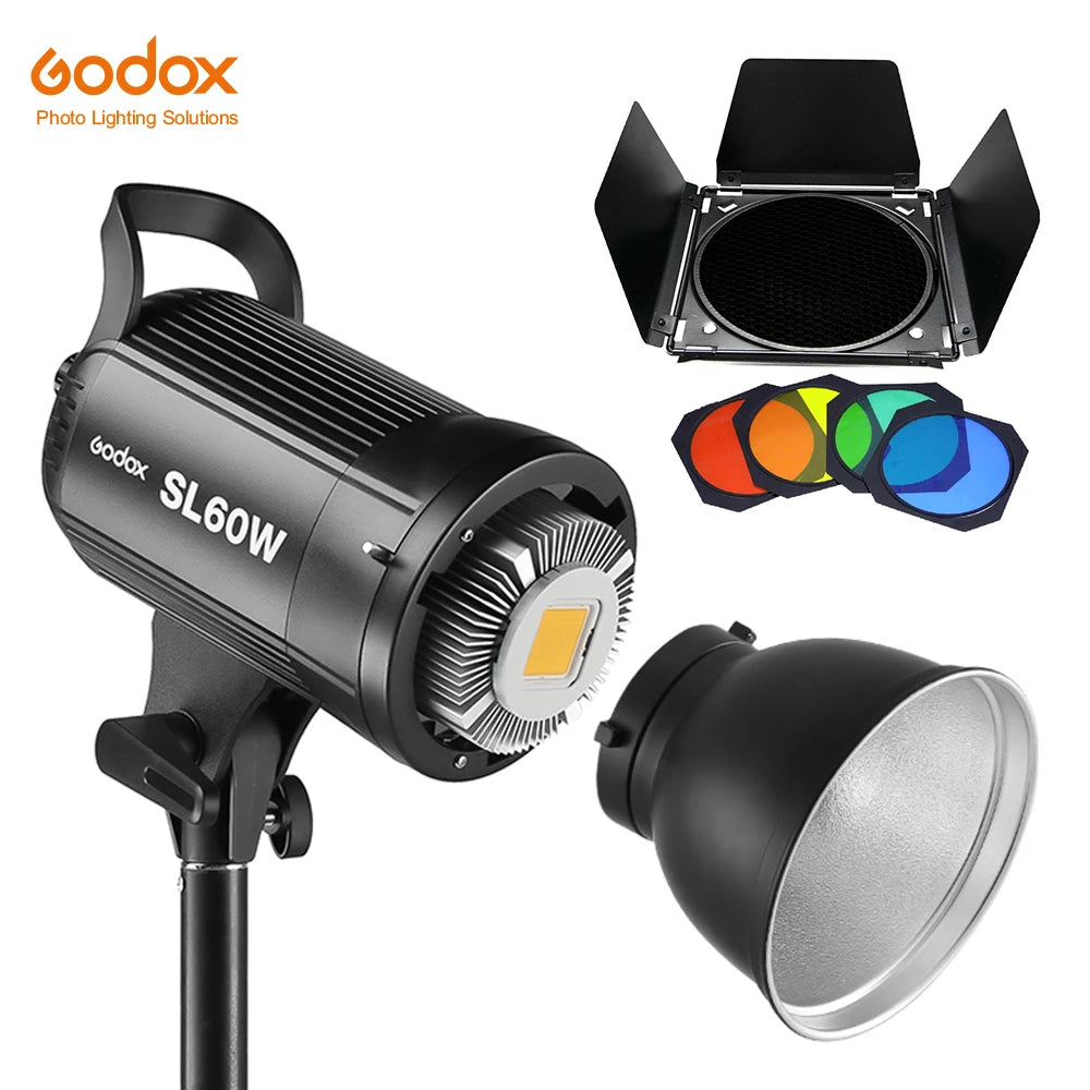 Luz LED Godox SL-60W montada en un estudio de fotografía, ideal para iluminación continua profesiona