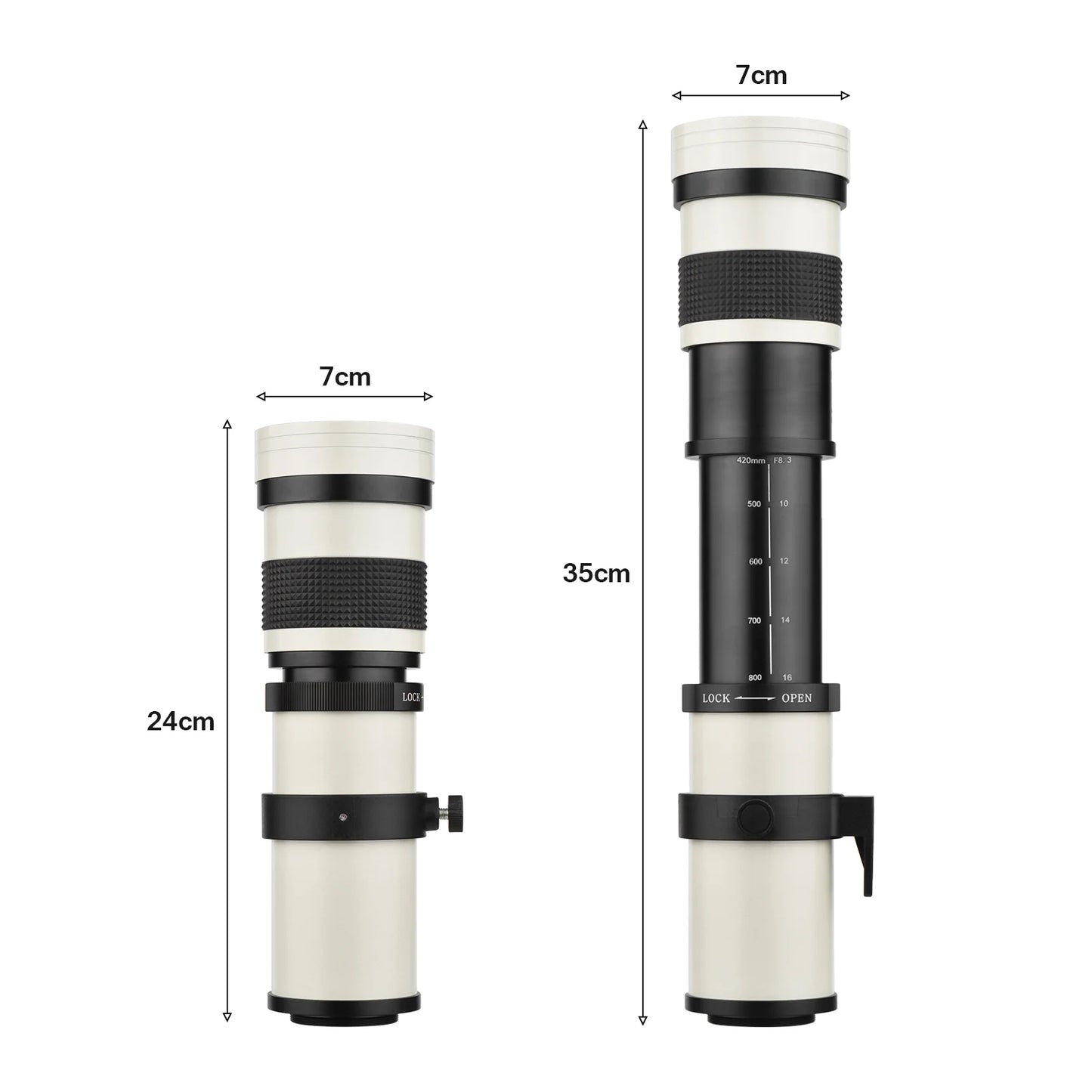 Lente Telefoto Zoom 420-800mm F/8.3-16 T Montura Universal para Canon, Nikon, Sony, Fujifilm y Olympus