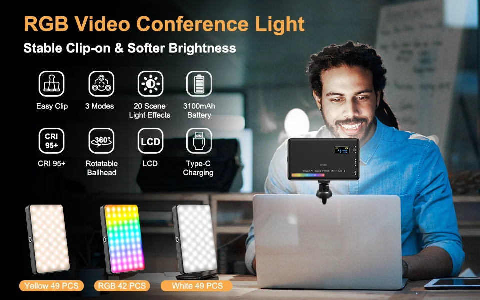 LED RGB Camera Light Full Color Output Video Light Kit Dimmable 2500K-9000K Bi-Color Panel Light CRI 95+ Rechargeable 3100mAh