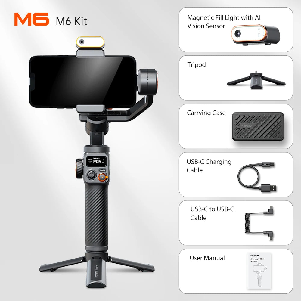 Hohem iSteady M6 3-Axis Handheld Gimbal Stabilizer Selfie Tripod for Smartphone with AI Magnetic Fill Light Video Lighting