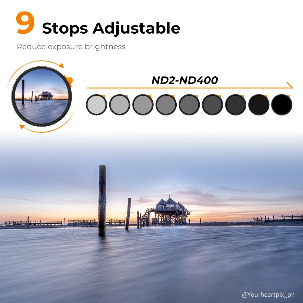 Filtro ND Variable K&F Concept Nano-X 82mm ND2-ND400 (9 Stops) – Anti-Rayaduras y Resistente al Agua