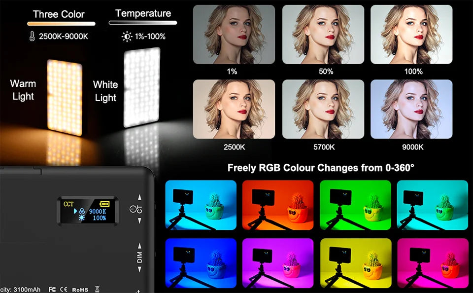 LED RGB Camera Light Full Color Output Video Light Kit Dimmable 2500K-9000K Bi-Color Panel Light CRI 95+ Rechargeable 3100mAh