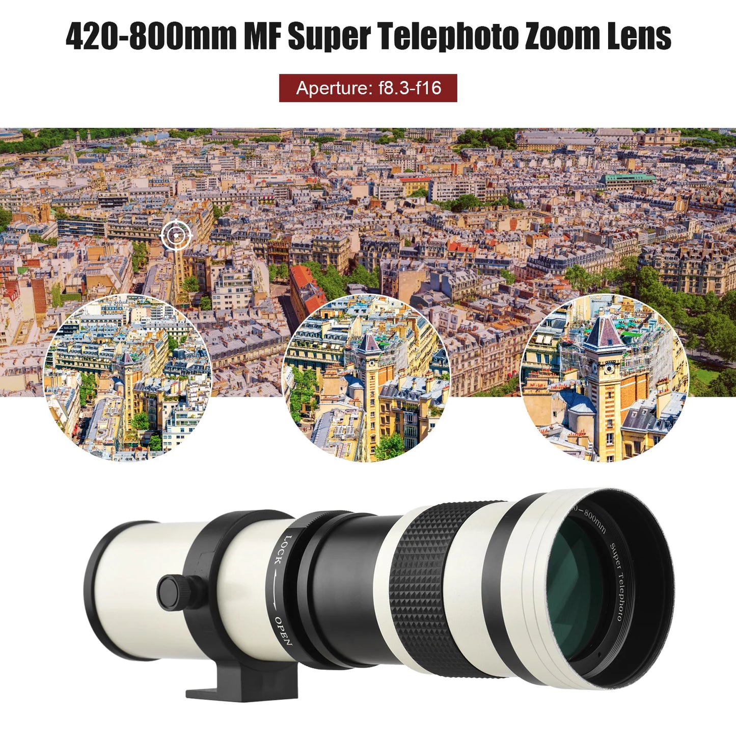 Lente Telefoto Zoom 420-800mm F/8.3-16 T Montura Universal para Canon, Nikon, Sony, Fujifilm y Olympus