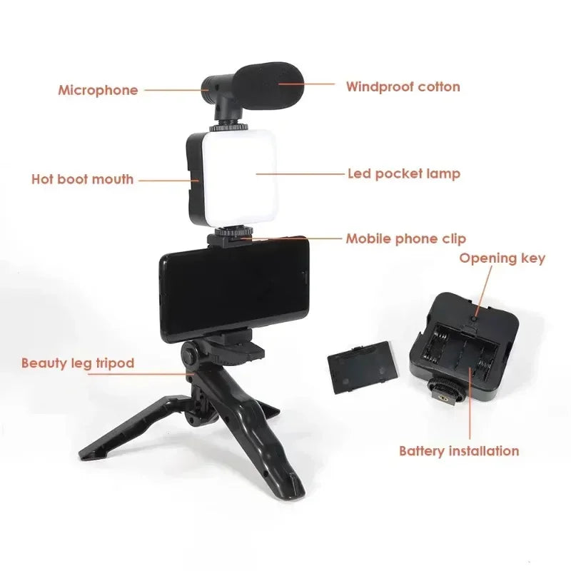 LED Fill Light Cell Phone Tripod Kit With Mic Mobile Phone Live Streaming Handheld Mini Portable Photography Live Fill Light