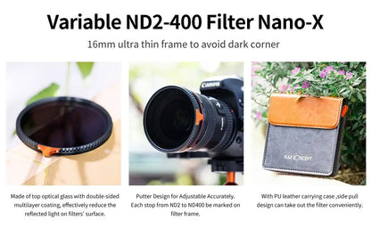 Filtro ND Variable K&F Concept Nano-X 82mm ND2-ND400 (9 Stops) – Anti-Rayaduras y Resistente al Agua