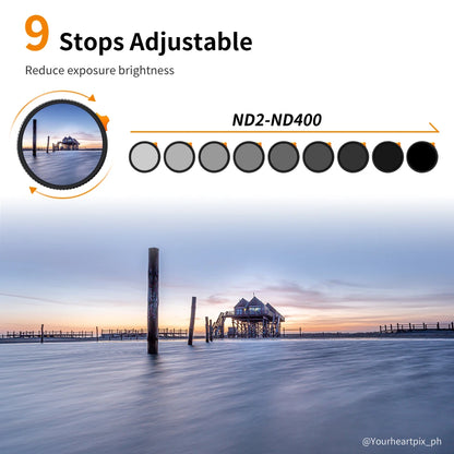 Filtro ND Variable K&F Concept Nano-X 82mm ND2-ND400 (9 Stops) – Anti-Rayaduras y Resistente al Agua